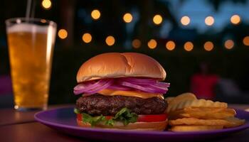 grigliato Manzo hamburger con formaggio, patatine fritte, e rinfrescante Coca Cola bevanda generato di ai foto