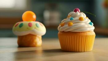 carino Cupcake con colorato glassatura, al forno per compleanno celebrazione generato di ai foto