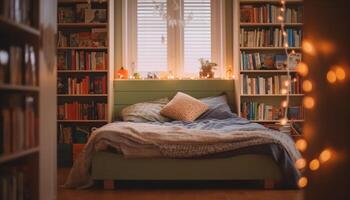 accogliente moderno Camera da letto con illuminato scaffale e confortevole biancheria da letto decorazione generato di ai foto