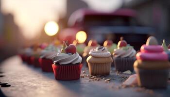 carino fatti in casa cupcakes con Multi colorato glassatura per compleanno celebrazione generato di ai foto