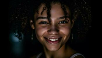 bellissimo giovane africano donna con Riccio capelli sorridente a telecamera generato di ai foto