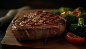 grigliato filetto bistecca con fresco verdure su rustico di legno piatto generato di ai foto