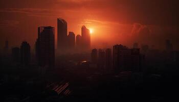 silhouette di moderno grattacieli illuminare città orizzonte a tramonto generato di ai foto