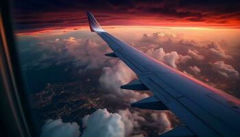 volante alto sopra il nuvole, un' commerciale aereo generato di ai foto