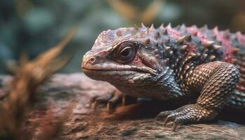 macchiato iguana striscia nel foresta, cornuto lucertola sembra pericoloso generato di ai foto