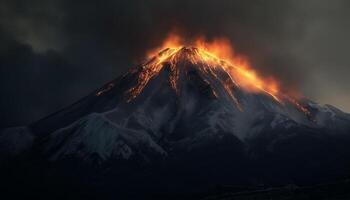 maestoso montagna gamma eruzione con Fumo e fuoco a tramonto generato di ai foto