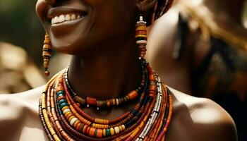 giovane donna sorridente, indossare tradizionale africano gioielleria e capi di abbigliamento all'aperto generato di ai foto