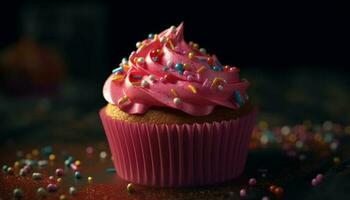 Multi colorato Cupcake con fatti in casa glassatura e ornato decorazione per compleanno celebrazione generato di ai foto