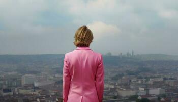 donna d'affari e uomo d'affari in piedi, guardare a urbano orizzonte, contemplando successo generato di ai foto