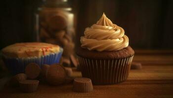 fatti in casa cioccolato patata fritta focaccina con buongustaio glassatura su rustico tavolo generato di ai foto