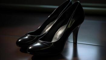 moderno donne nero brevetto pelle stiletto, un' simbolo di eleganza generato di ai foto