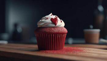 carino fatti in casa Cupcake con fragola glassatura su di legno tavolo sfondo generato di ai foto