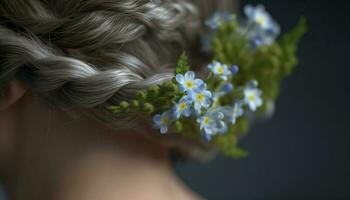 biondo dai capelli donna con Riccio capelli e un' fiore nel sua capelli generato di ai foto