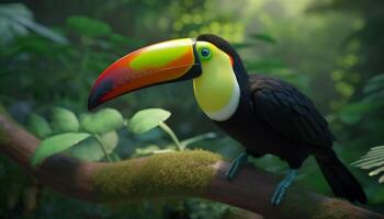 vivace tucano perching su ramo nel tropicale foresta pluviale habitat generato di ai foto