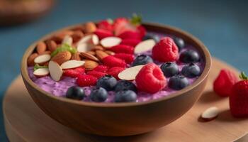 fresco bacca Yogurt ciotola con muesli e mandorla seme guarnizione generato di ai foto