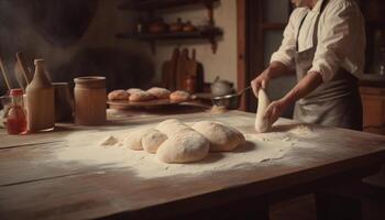 appena al forno fatti in casa pane su rustico di legno tavolo, preparato con cura generato di ai foto