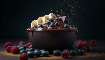 indulgente fatti in casa cioccolato mousse con fresco bacca frutta decorazione generato di ai foto