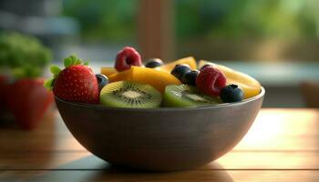 fresco frutta insalata ciotola con maturo frutti di bosco e dolce melone generato di ai foto