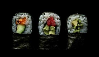 salutare frutti di mare pasto con fresco maki Sushi e avocado fetta generato di ai foto