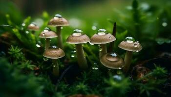 macchiato fungo velenoso crescita su bagnato foresta pavimento, potenzialmente velenoso cibo generato di ai foto