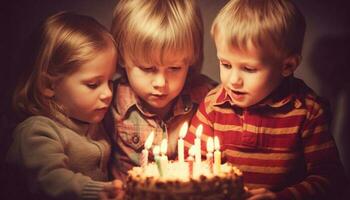 carino ragazzi e ragazze celebrare compleanno con candela fiamma e torta generato di ai foto