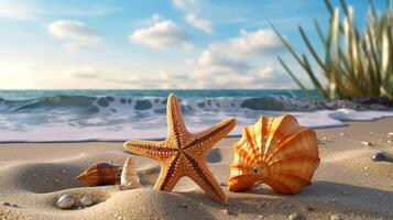 Due stella marina e conchiglie su un vuoto spiaggia. generativo ai foto