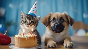 gatto e cane indossare compleanno cappello sorridente con compleanno torta su tavolo. generativo ai foto