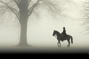 soldato su un' cavallo, nebbioso la zona, silhouette. ai generativo foto