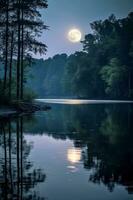 foto di lago con Luna riflessione. ai generativo