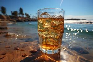 freddo birra nel bicchiere su un' spiaggia. ai generativo foto