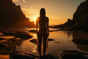 un' cinematico e bellissimo femmina attivo abbigliamento sportivo modello, completando un' yoga posa su un' tranquillo spiaggia. ai generativo foto