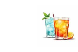 bicchieri di frutta bevande con ghiaccio cubi, Mojito cocktail con fragola e lime frutta, e un' rinfrescante estate bere. creare ai foto