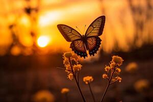 uno farfalla sta staglia contro un' giallo tramonto. ai generativo foto