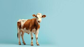 mucca pieno lunghezza isolato su blu. mucca vicino su. azienda agricola animale foto