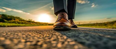 il uomo d'affari passeggiate su il strada e inizia per avere successo. avvicinamento di scarpe a passeggio, obiettivo, e bersaglio concetto. generativo ai. foto