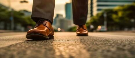 il uomo d'affari passeggiate su il strada e inizia per avere successo. avvicinamento di scarpe a passeggio, obiettivo, e bersaglio concetto. generativo ai. foto