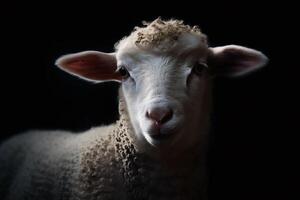 ritratto di un' agnello viso sparo, avvicinamento, isolato su nero sfondo. generativo ai foto