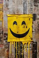 giallo dipingere gocciolante su il giornale, felicità, smiley icona. ai generativo foto