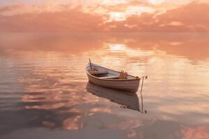 bianca riga barca su corpo di acqua, tramonto nel il Indietro, rosa oro cielo. ai generativo foto