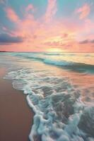 un' tranquillo spiaggia scena a crepuscolo, con morbido pastello colori pittura il cielo e il dolce suono di onde lappatura contro il costa. ai generativo foto