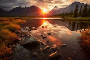 immagine un' travolgente scena di un' tranquillo lago a tramonto. ai generativo foto