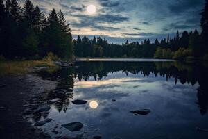 foto di lago con Luna riflessione. ai generativo