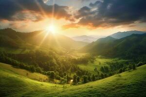 il sole sorge al di sopra di un' pendio con erboso i campi e un la zona con un' collina. ai generativo foto