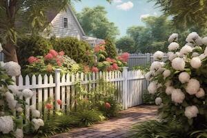 un' giardino fondale con bianca recinzione. ai generativo foto