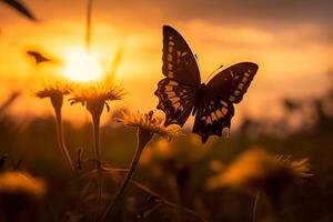 uno farfalla sta staglia contro un' giallo tramonto. ai generativo foto