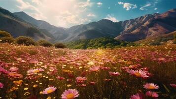 bellissimo colorato fiore cosmo i campi con sfocatura montagna sfondo. generativo ai foto