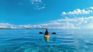 posteriore Visualizza di signora paddling il kayak nel il calma tropicale baia chiaro blu cielo. generativo ai foto