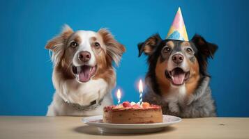 gatto e cane indossare compleanno cappello sorridente con compleanno torta su tavolo. generativo ai foto