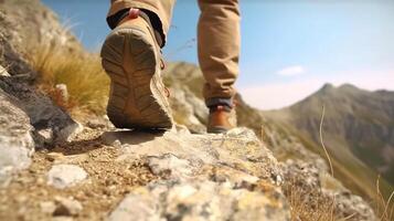 messa a fuoco su scarpe di ritaglio non riconosciuto escursionista gruppo di amico con il trekking bastoni si arrampica ripido su montagna sentiero. generativo ai foto