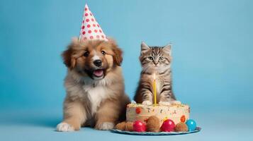 gatto e cane indossare compleanno cappello sorridente con compleanno torta su tavolo. generativo ai foto